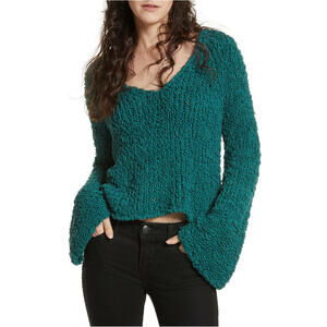 Free People Teal Green Sand Dune Pullover Knit Bell Sleeve Sweater Size Small